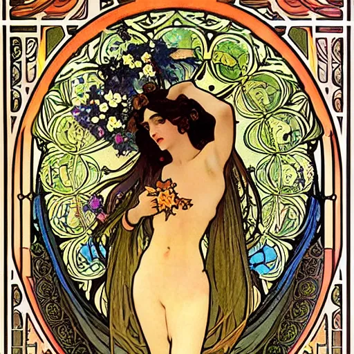 Image similar to persephone as godess of hell, death and flowers, painted by alphonse mucha