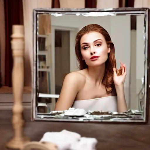 Prompt: a beautiful actress sitting at a vanity in front of a cracked mirror, beautiful face, elegant furniture