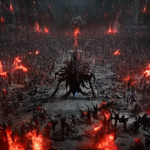 Image similar to extreme long shot of a hell with people suffering, monsters, in full combat, all stand at attention beneath the death presiding over them, 8 k, unreal 5, octane render, majestic, superb, cinematic, dramatic, hyperrealistic, ultra detailed, award winning, breathtaking, groundbreaking, special effects, cgi art, volumetric lighting, photoshopped, intricate digital art