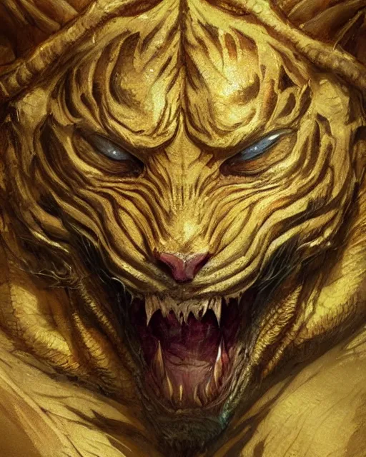 Image similar to A golden tiger resting, dragon body, highly detailed face, close-up, fantasy art, monster art, in the style of greg rutkowski, illustration, epic, fantasy, intricate, hyper detailed, artstation, concept art, smooth, sharp focus, ray tracing