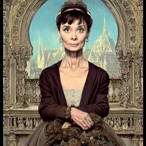 Image similar to audrey hepburn in an epic victorian novel, inside an ornate castle, intricate, elegant, highly detailed, digital painting, artstation, matte, illustration, art by artgerm, greg rutkowski, loish, rhads, ferdinand knab, makoto shinkai, lois van baarle, ilya kuvshinov, rossdraws, tom bagshaw