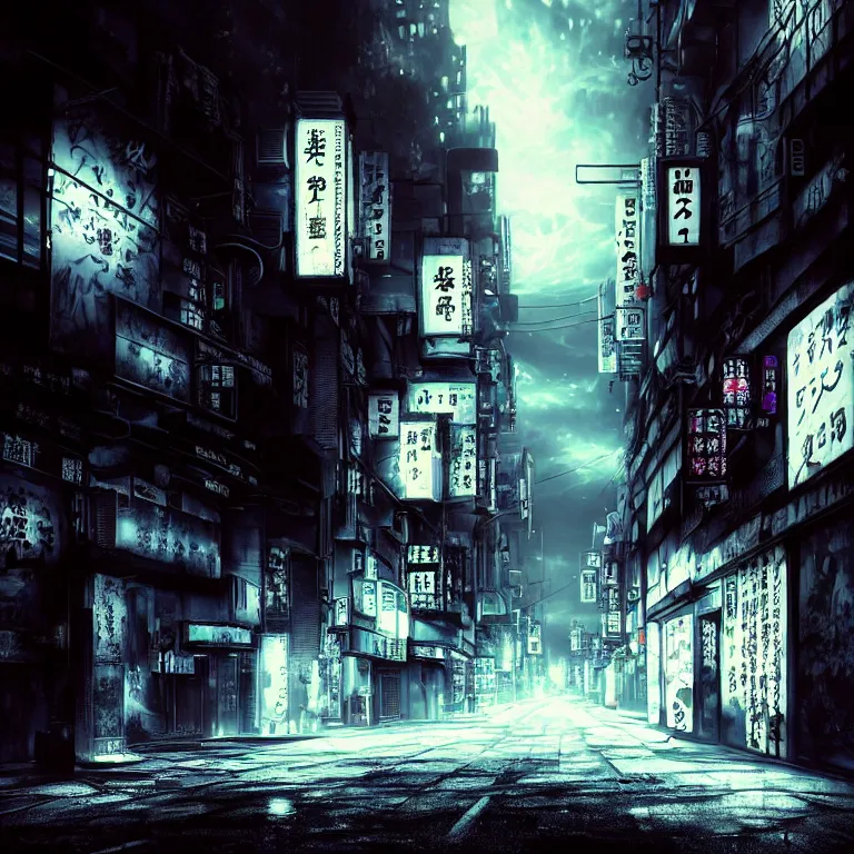 Image similar to surreal abandoned dark street in tokyo, cyberpunk, broken lights neon ads, dark clouds, surreal abandoned buildings, dream-like heavy atmosphere, baroque painting, beautiful detailed intricate insanely detailed octane render trending on Artstation, 8K artistic photography, photorealistic, dramatic volumetric cinematic perfect light, chiaroscuro, award-winning photograph, masterpiece, Raphael, Caravaggio, Beksinski, Giger