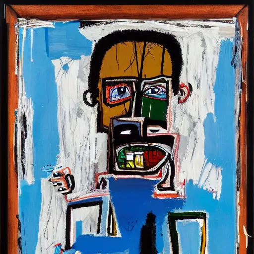 Prompt: Evening time. Sun rays are pouring through the window lighting the face of an angry man drinking from a blue cup of tea. Detailed and intricate brush strokes, oil paint and spray paint, markers, paper collage, crayon transfer on canvas. Painting by Basquiat, 1984