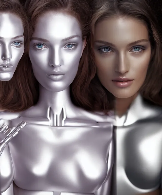 Image similar to realistic portrait of a silver robot is watching tv in front of the tv and the tv displays one victoria's secret model and the robot's face is partially morphed into an copy of the model, realistic, 4 k