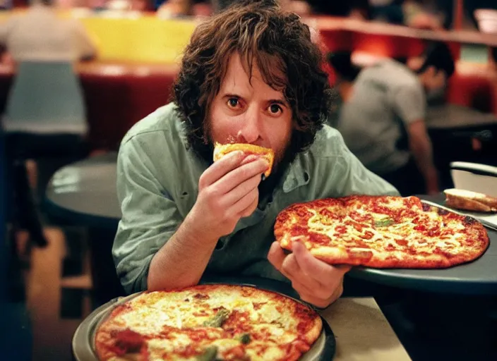 Image similar to portrait of charlie kaufman eating pizza at chuck - e - cheese with sloppy cheesy sauce getting slopped up all over the place, dramatic lighting, moody film still from being john malkovich ( 2 0 1 0 ), 3 5 mm kodak color stock, 2 4 mm lens, directed by spike jonze, ecktochrome