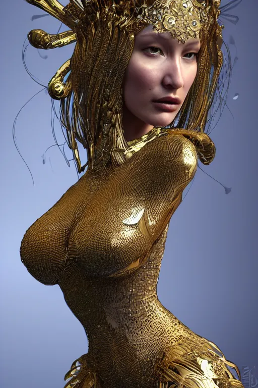 Image similar to a highly detailed portrait of a beautiful alien goddess bella hadid in iris van herpen dress in diamonds in style of alphonse mucha art nuvo trending on artstation made in unreal engine 4