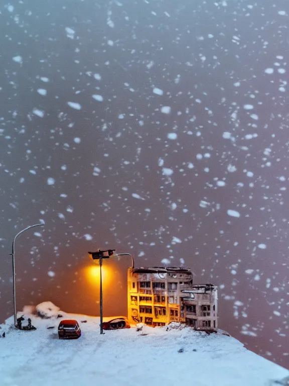 Image similar to mega detailed miniature diorama a soviet residential building, brutalism architecture, warm lights are on in the windows, man lies in the snow, dark night, fog, winter, blizzard, cozy and peaceful atmosphere, row of street lamps with warm orange light, several birches nearby