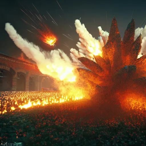 Prompt: a big explosion in the form of cotton plant in Red Square Kremlin, horrifying dynamic lighting, cinematic, extremely high detail, photo realistic, cinematic lighting, post processed, concept art, artstation, matte painting, unreal engine 8k