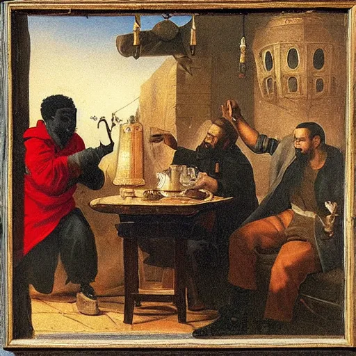 Image similar to 2 1 savage and 5 0 cent and drake huddled around a table with a lantern in a dark pub like in the denial of st. peter by gerard seghers