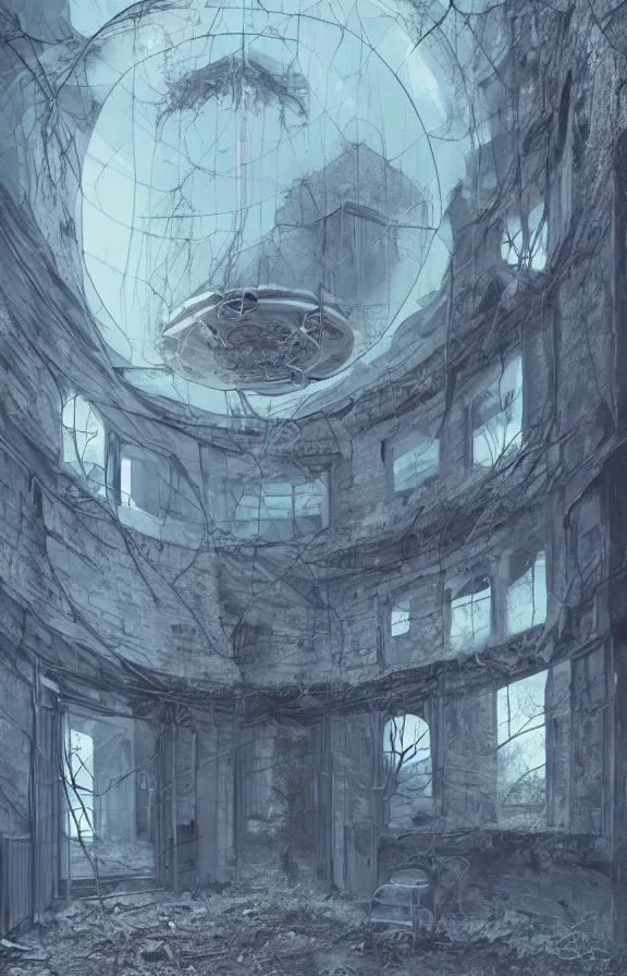 Image similar to an abandoned building, bubble, circular, cobweb, eerie, old, tall, fantasy, 1 9 8 0, artstation, digital art,