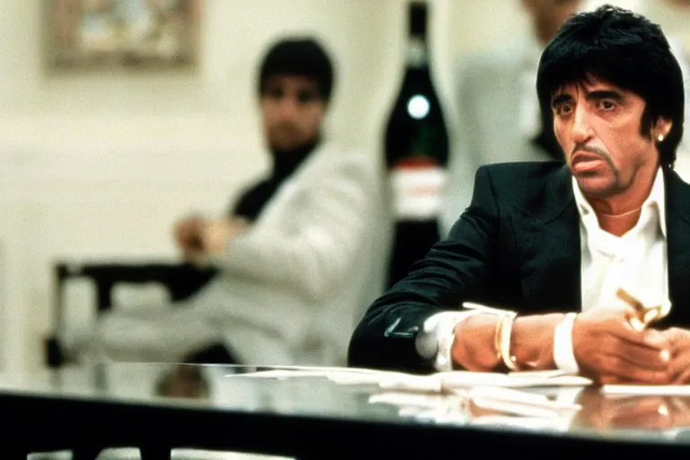 Image similar to medium shot. tony montana from movie scarface 1 9 8 3 sitting at a table with package of cocaine. al pacino. perfect symmetric face, coherent eyes, fine details, 4 k, ron cobb. cinestill