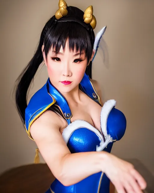 Image similar to Beautiful close highly detailed portrait of a Chun-Li from Street Fighter 2 cosplayer in her iconic signature main outfit. Award-winning photography. XF IQ4, 150MP, 50mm, f/1.4, ISO 200, 1/160s, natural light, rule of thirds, symmetrical balance, depth layering, polarizing filter, Sense of Depth, AI enhanced