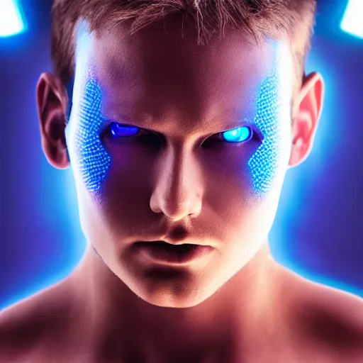 Image similar to a male cybernetic person with blue glowing eyes, frontal view, cool looking