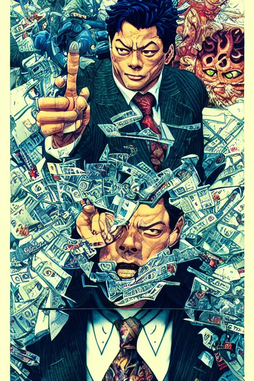 Image similar to poster of jordan belfort, by yoichi hatakenaka, masamune shirow, josan gonzales and dan mumford, ayami kojima, takato yamamoto, barclay shaw, karol bak, yukito kishiro