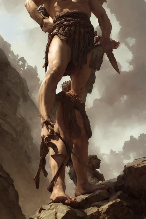 Image similar to ancient historically accurate depiction of the Bible Character Goliath of Gath, the Philistine warrior giant by frank miller, illustration by Ruan Jia and Mandy Jurgens and William-Adolphe Bouguereau, Artgerm, 4k, digital art, surreal, space dandy style, highly detailed, godsend, artstation, digital painting, concept art, smooth, sharp focus, illustration by Ruan Jia and Mandy Jurgens and William-Adolphe Bouguereau, Artgerm