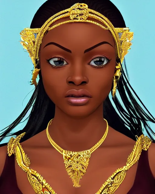 Image similar to portrait of jada fire as a beautiful greek woman +diadem with facemask and feather crest+ long hairs and complex hairdressing+antique greek tunique+symmetric face, symmetric body+gold jewels, collar, earings, rubis, sapphire, topaz,citrite+gods of olympe+ in the style of saint seiya + by Joongwon Jeong and Kei Mieno, artsation, unreal engine render, octane render