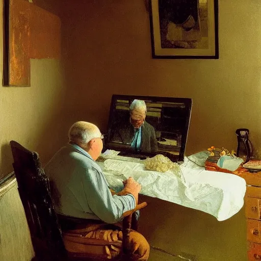 Prompt: poor grandpa trying to figure out how to send an email sitting in his small room looking at his lenovo thinkpad laptop t 4 1 0 8 gb ram jamie wyeth greg rutkowski winslow homer thomas eakins lucian freud edward hopper j. m. w. turner oil painting