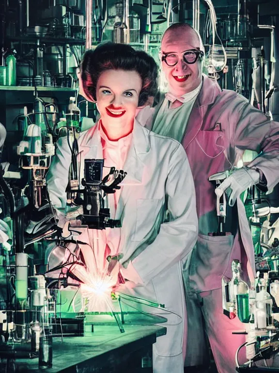 Image similar to A female mad scientist in a laboratory coat, smiling and welding together a partially-built realistic robotic!!! man!!! in a suit, in a darkly lit laboratory room surrounded by test tubes and jars, 1950s horror film movie poster style, retro vintage, saturated pink and green lighting