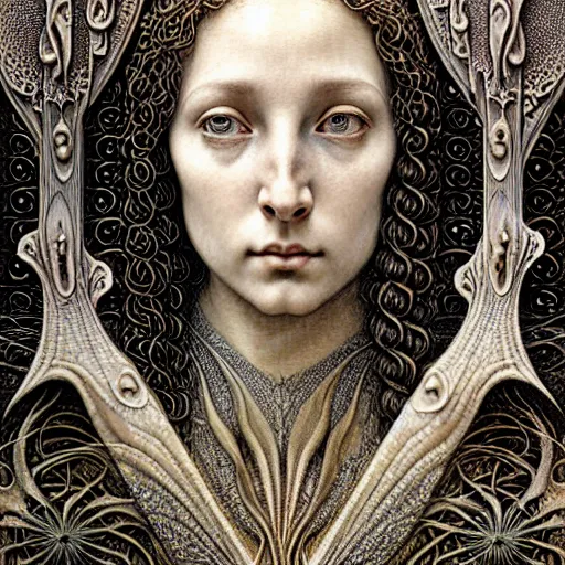 Image similar to detailed realistic beautiful young medieval queen face portrait by jean delville, gustave dore, iris van herpen and marco mazzoni, art forms of nature by ernst haeckel, art nouveau, symbolist, visionary, gothic, neo - gothic, pre - raphaelite, fractal lace, intricate alien botanicals, ai biodiversity, surreality, hyperdetailed ultrasharp octane render