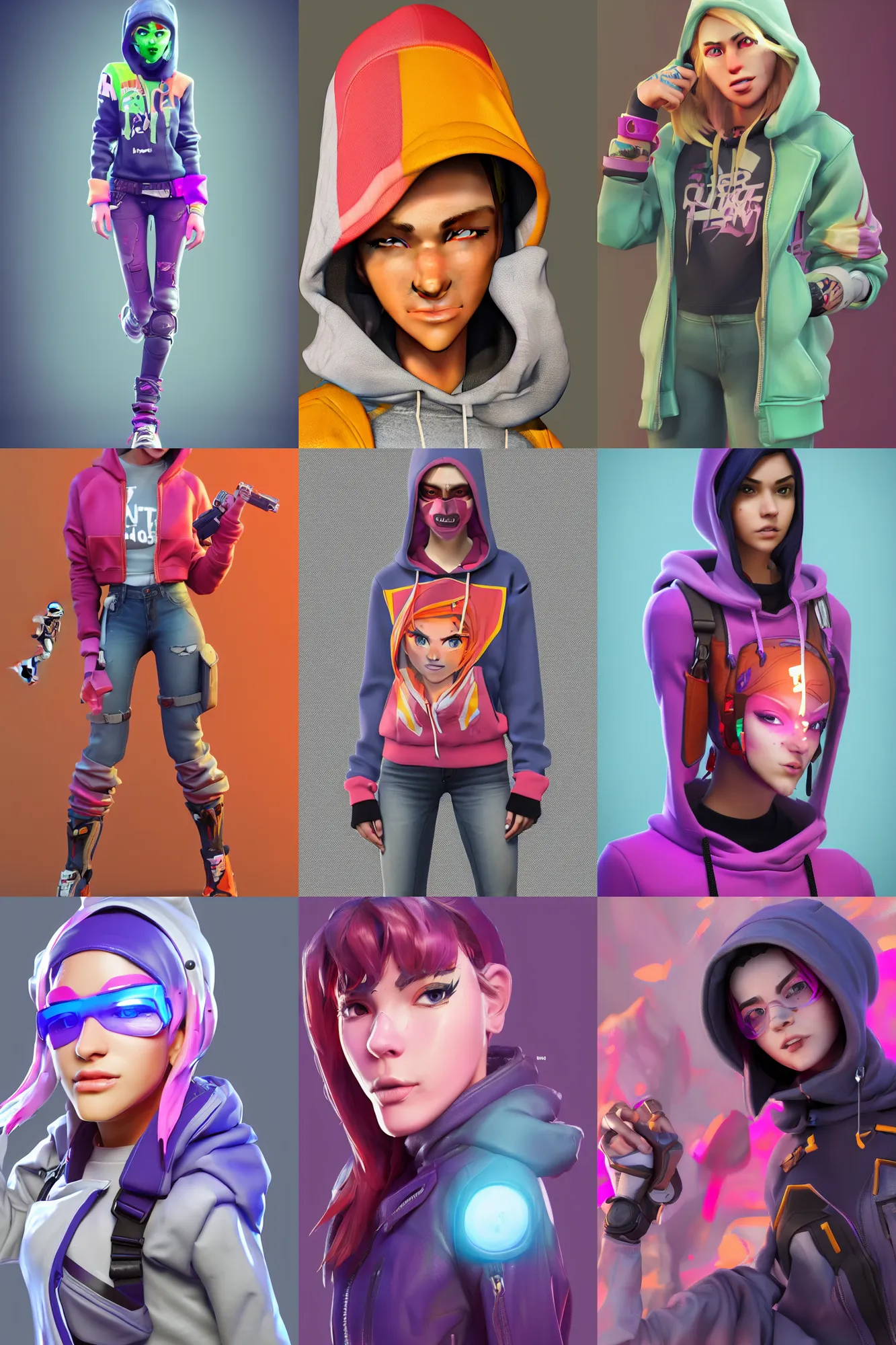 Prompt: a full body sharp focus realistic digital octane 3d render portrait of a single young woman dressed in 90s street clothing and a bright hoodie with face and body clearly visible, fornite, overwatch, valorant, high quality, happy mood, artstation trending, vibrant colours, no crop, no helmet, no headgear, entire character, blank background, face visible, realistic proportions, SFW,