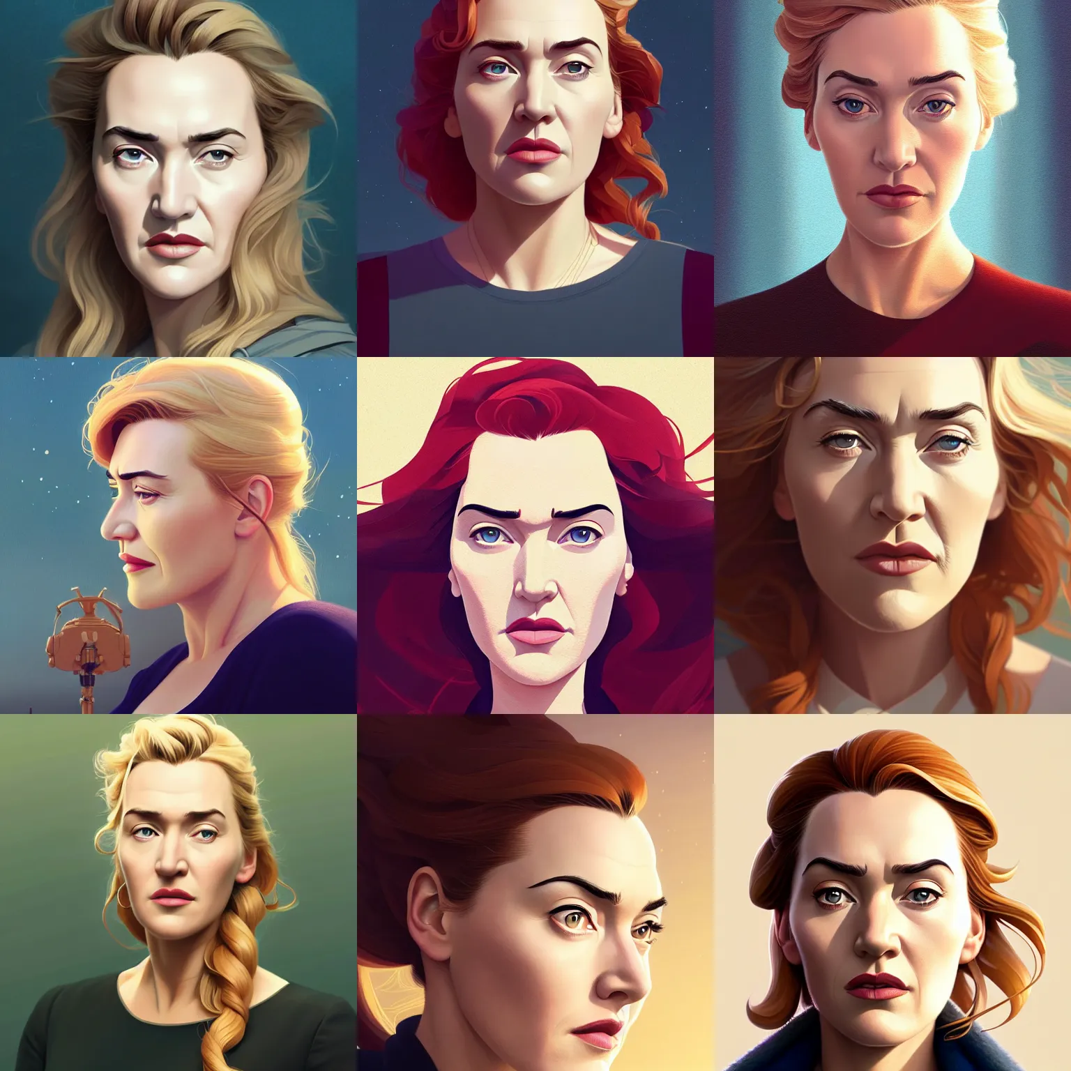 Prompt: portrait of kate winslet, artstation, elegant, highly detailed, digital painting, concept art, smooth, sharp focus, illustration, art by studio ghibli, fujita goro, atey ghailan, tom whalen, jean giraud 8 k