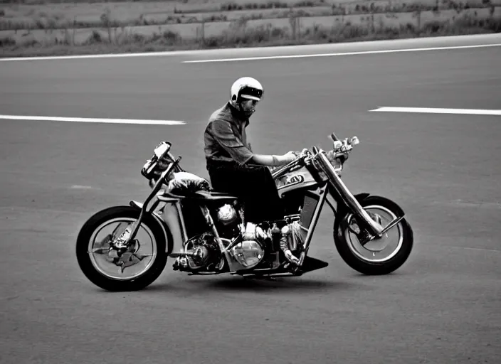 Image similar to chopper motorbike driving on the freeway. iso 1 0 0. low camera view. retro photo