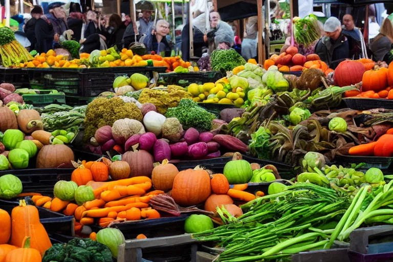 Image similar to magazine quality photo shoot of beautifully displayed fall vegetables, displayed in a farmers' market