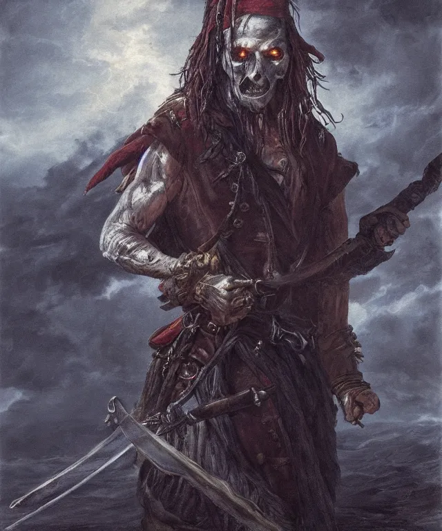 Image similar to ultra realistic color portrait painting of a tranparent 1 7 th century pirate ghost with a sword in a grotto, dark, painted, brooding, atmospheric, seascape, horror, smooth, epic, highly detailed, cinematic, artstation, dave dorman