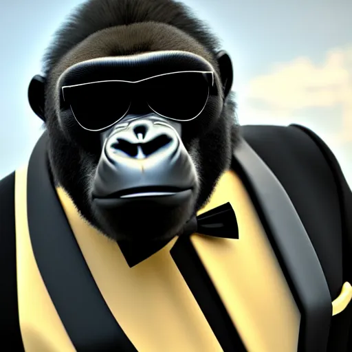 Prompt: a gorilla wearing a nice tuxedo, wearing shades and wearing gold chains, photorealistic, 8 k, unreal engine 6, highly detailed, coherent,