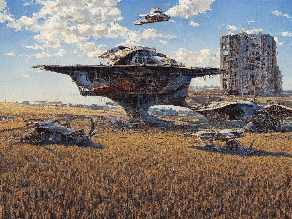 Image similar to A fantastic painting of a dilapidated post-modern building on a wheat field with an abandoned spaceship parked on the roof of the building, by Robert McCall, Trending on artstation, very detailed