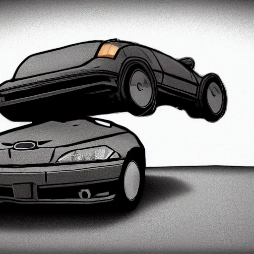 Image similar to a car flying off a cliff, in the style of scanner darkly, cell shaded