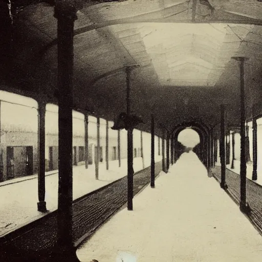 Prompt: daguerreotype, 1800 photography, Nineteenth-century railway station completely empty, realistic, high definition,