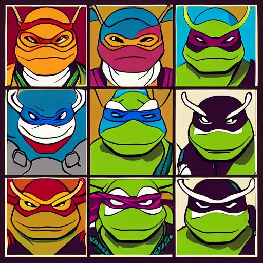 Image similar to ninja turtles mucha style poster art, clean, vector