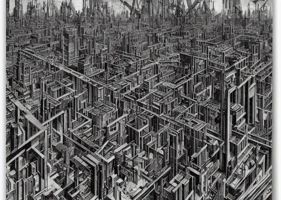 Prompt: dystopian metropolis, panoramic view, very complex architecture, ominous, dark, by de chirico, by hugo simberg, by roberto matta
