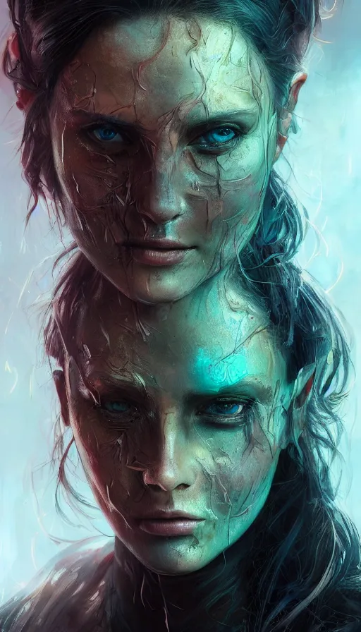 Image similar to furious gorgeous woman, face covered in dirt, lord of the rings ,cyberpunk, neon, fibonacci, sweaty, insane, intricate, highly detailed, digital painting, artstation, concept art, smooth, sharp focus, illustration, Unreal Engine 5, 8K, art by artgerm and greg rutkowski and alphonse mucha