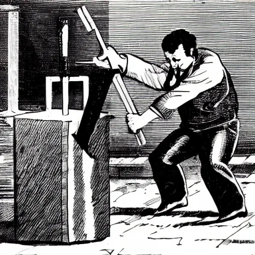 Image similar to a scientist smashing a computer with a giant hammer