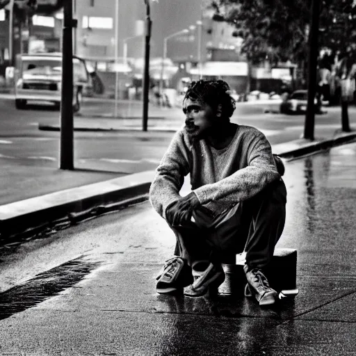 Image similar to black and white fashion photograph, highly detailed portrait of a depressed white drug dealer sitting on a bench on a busy street, looking into camera, natural light, rain, mist, lomo, fashion photography, film grain, soft vignette, sigma 85mm f/1.4 1/10 sec shutter