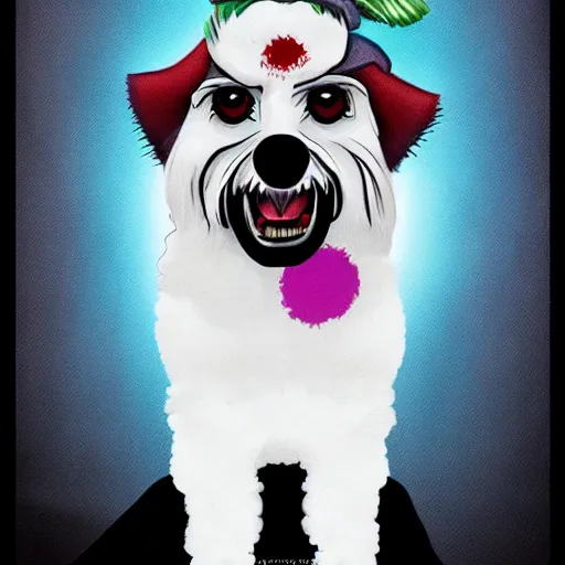 Prompt: bichon frise joker, dog, makeup, movie poster, trending on artstation