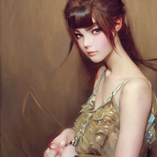 Image similar to a high fashion studio portrait of a cute anime girl, painting by gaston bussiere, craig mullins, j. c. leyendecker