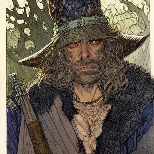 Image similar to a realistic and atmospheric portrait of humprey bogart as a druidic warrior wizard looking at the camera with an intelligent gaze by rebecca guay, michael kaluta, charles vess and jean moebius giraud