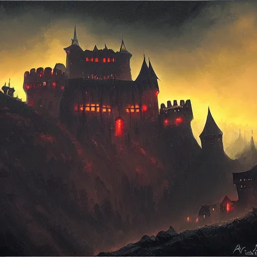 Prompt: Dracula's castle, dark mountains, night, bats in sky, by Andreas Rocha