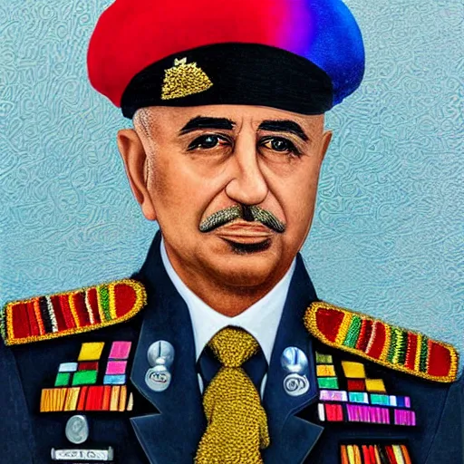 Image similar to rainbow portrait of an iraqi general wearing a beret, 8 k, intricate, detailed,