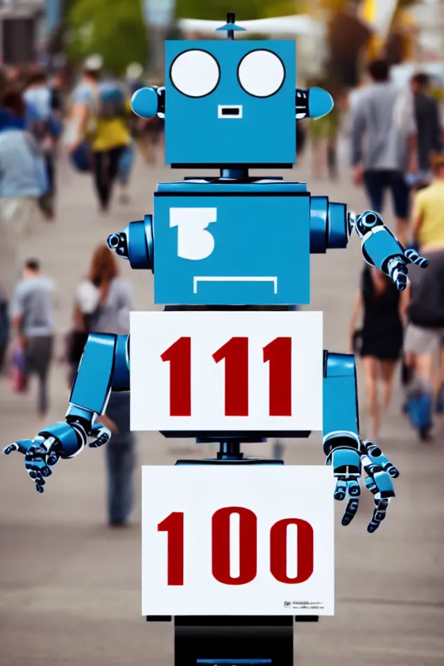 Image similar to cute anthropomorphic robot holding sign saying'1 5 0'