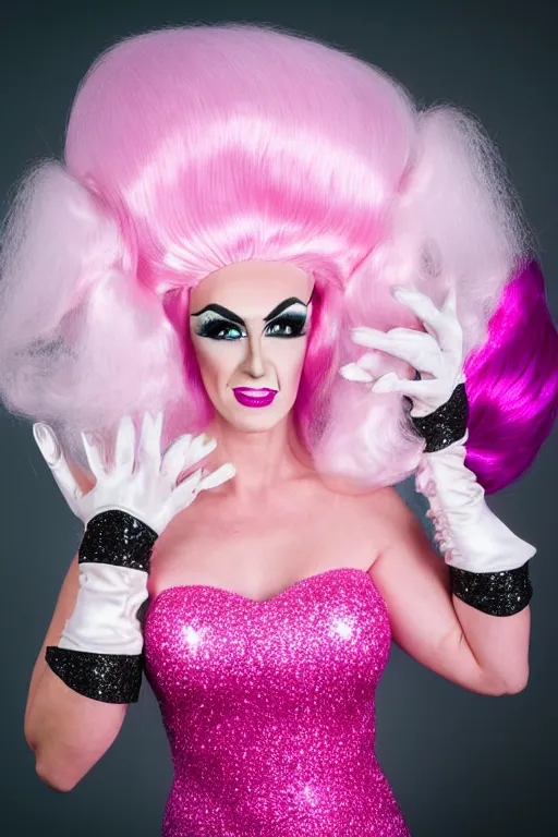 Prompt: portrait of a brawny drag queen (man in drag) wearing: heavy drag makeup, pink glitter mermaid gown, white satin gloves, huge pink wig with bouffant hairdo and decorated with a hairbow, pink 7 inch high heels
