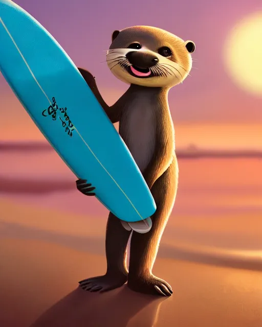 Image similar to a beautiful portrait of a cute anthropomorphic grey otter fursona furry on the beach wearing a wetsuit holding a surfboard, turquoise hair orange nose, smiling, sunset, volumetric light, detailed, by cory loftis, photorealistic, 4 k, hdr, artstation, deviantart, digital illustriation