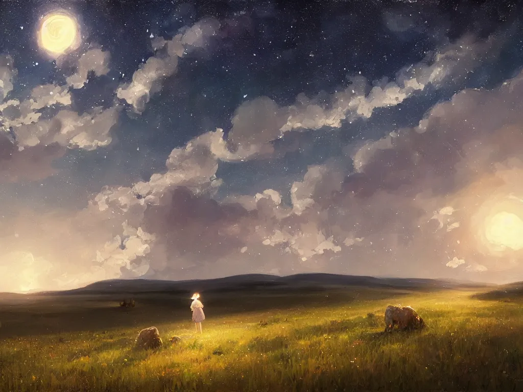 Image similar to A starry night in the swedish countryside, by Studio Ghibli and Greg Rutkowski, artstation, painting by Vladimir Volegov