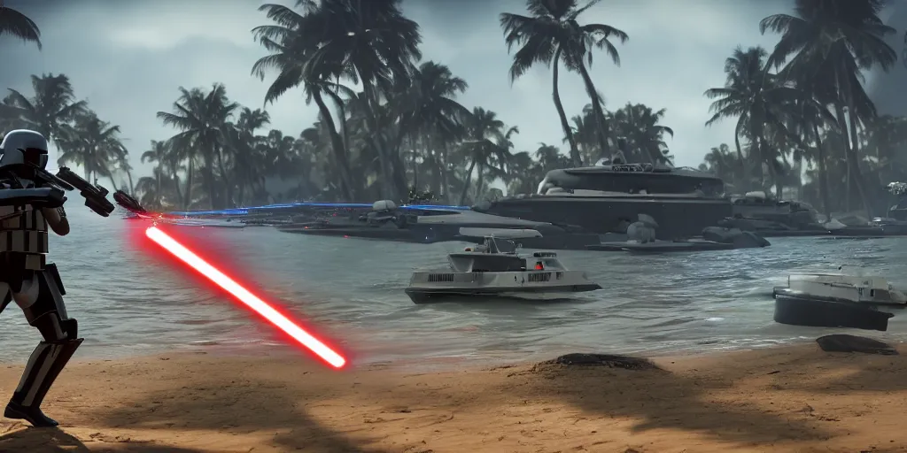 Image similar to screenshot of shore trooper, on scarif, ea star wars battlefront 2015, shooting lazers, highly detailed