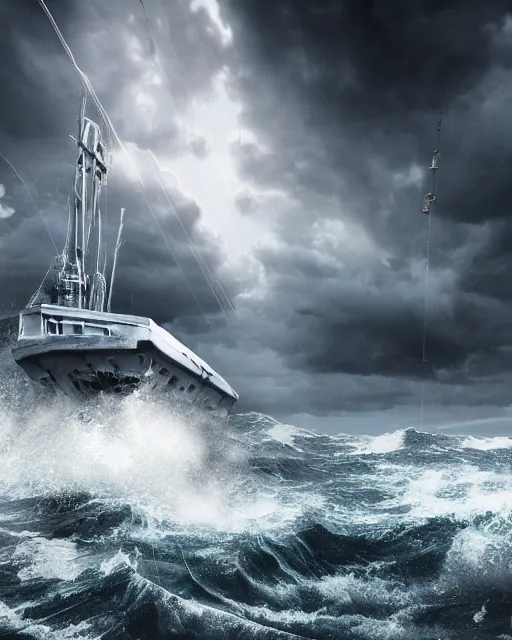 Prompt: establishing shot of a fishing boat on stormy seas, a gigantic star destroyer spaceship flying overhead, stormy weather, dramatic lighting, unreal engine, hyper realism, realistic shading, cinematic composition, realistic render, octane render, detailed textures, photorealistic, ultrawide shot, 16mm lens