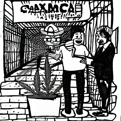 Image similar to a silly and awkward drawing of a Mexican man selling a cannabis flower to another Mexican man