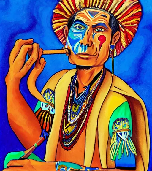 Image similar to Painting in a style of Alex Grey of a shaman dressed in a colorful traditional clothes. He is smoking a pipe